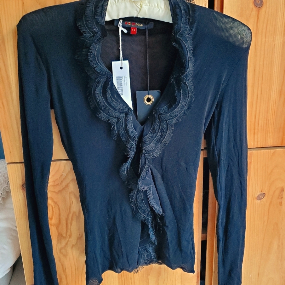 Rossgold NWT Black Mesh Ruffled Front Long Sleeve Top Size 32 Or 4